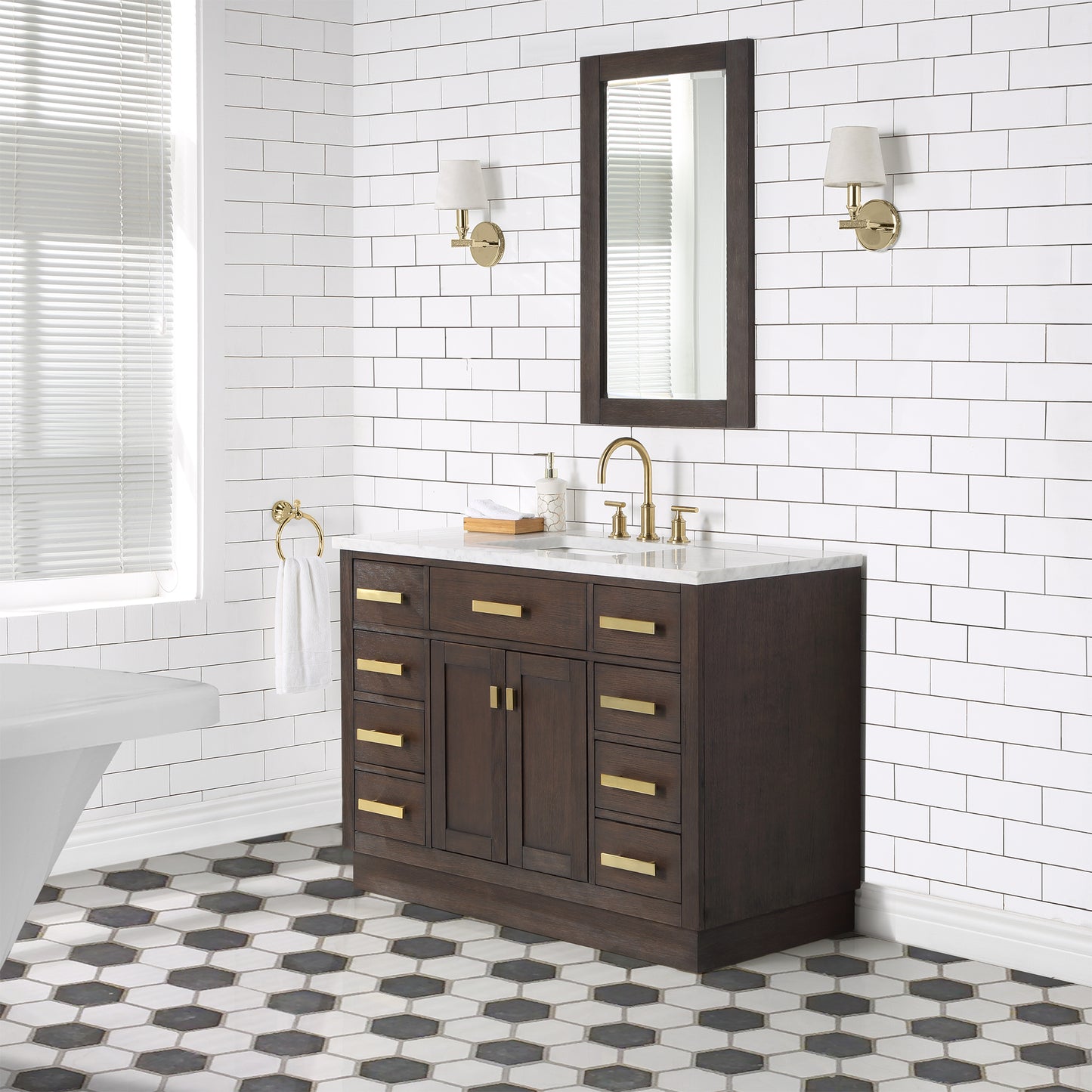 CHESTNUT 48"W x 34.2"H Brown Oak Single-Sink Vanity with Carrara White Marble Countertop + Mirror