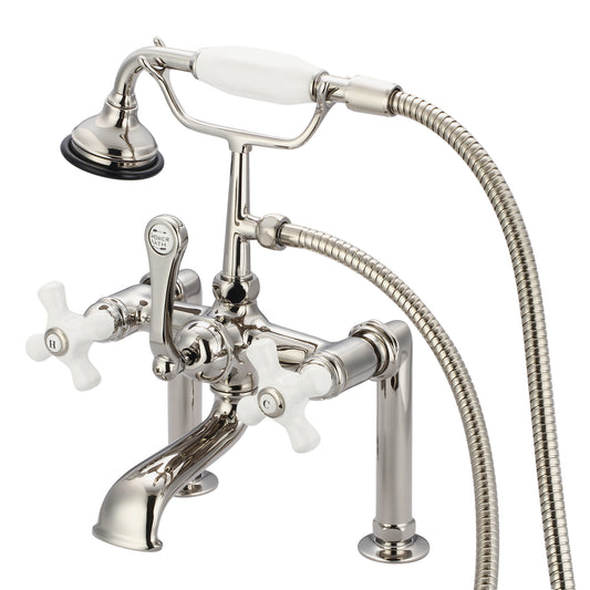 Vintage Classic 7" Spread Deck Mount Tub Faucet With 6" Risers & Handheld Shower in Polished Nickel Finish, With Porcelain Cross Handles, Hot And Cold Labels Included