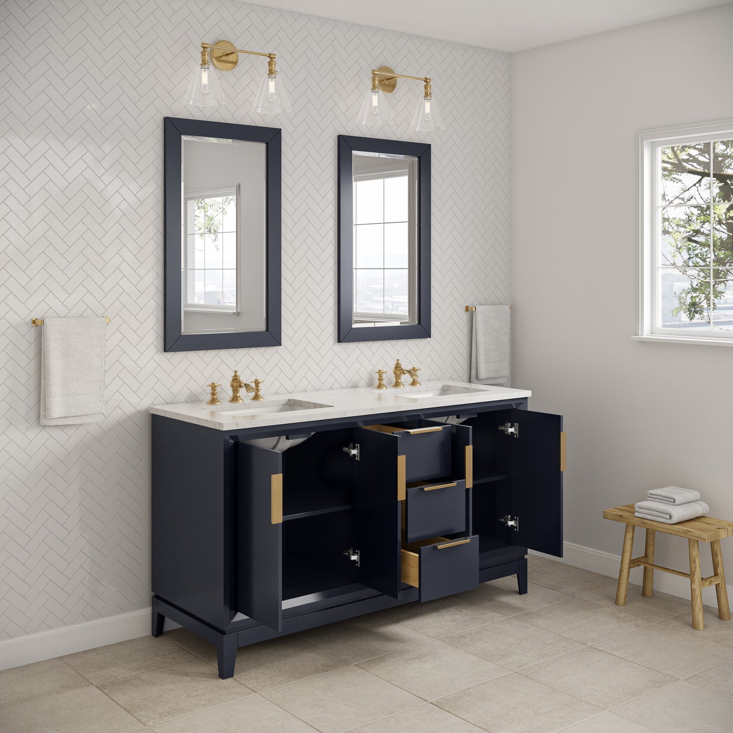 ELIZABETH 60"W x 34.25"H Monarch Blue Double-Sink Vanity with Carrara White Marble Countertop + Faucets (F2-0013-06-FX)