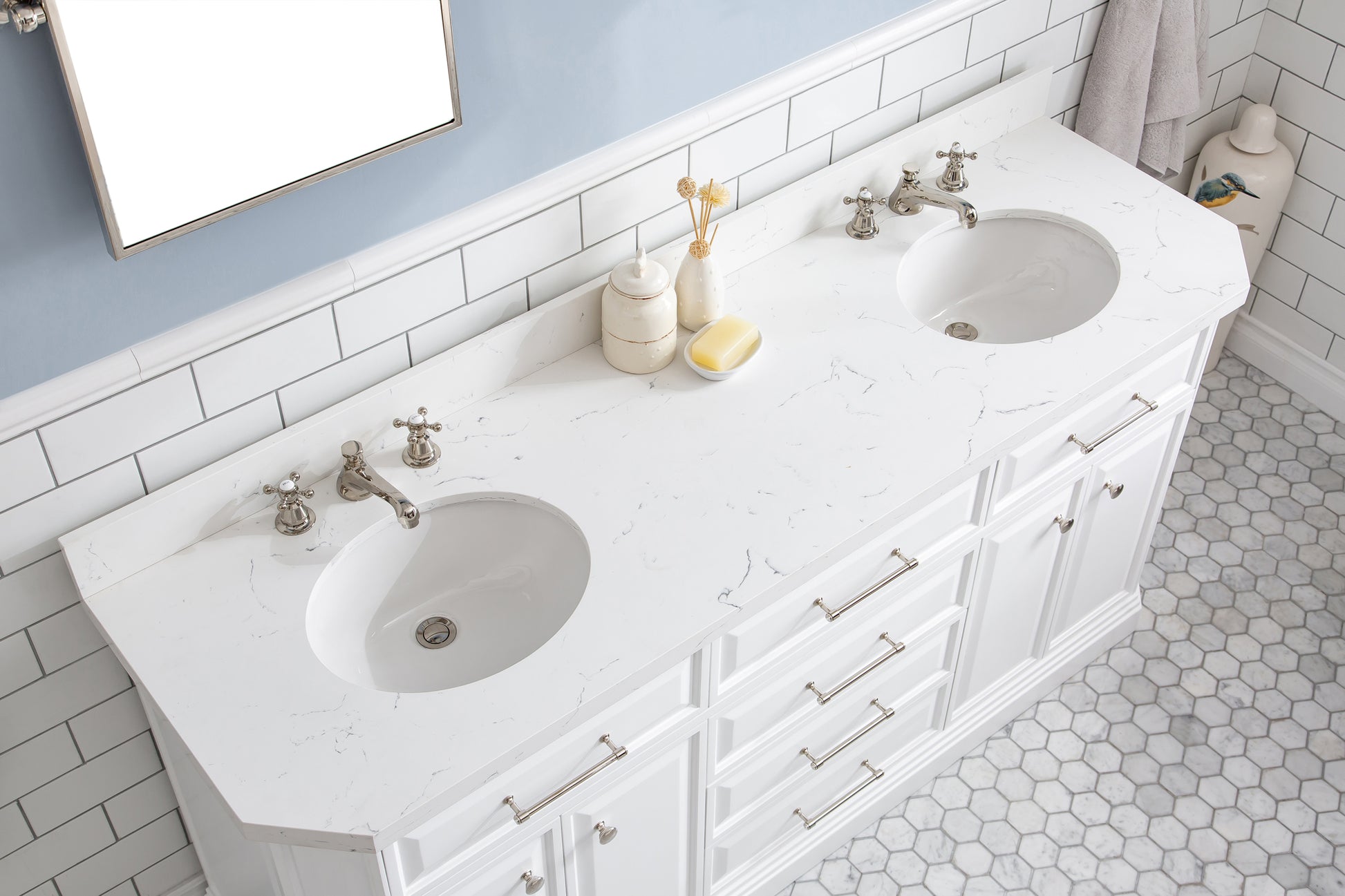 PALACE 72"W x 34"H Pure White Vanity with Carrara Quartz Countertop + Faucets (F2-0009), Polished Nickel Finish Hardware