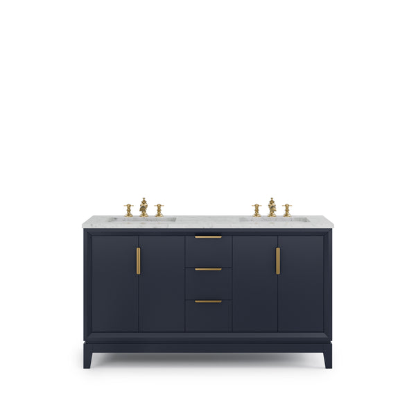 ELIZABETH 60W x 34.25H Monarch Blue Double-Sink Vanity with Carrara White Marble Countertop + Faucets (F2-0013-06-FX)