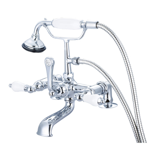 Vintage Classic 7" Spread Deck Mount Tub Faucet With 2" Risers & Handheld Shower in Chrome Finish, With Porcelain Lever Handles Without labels