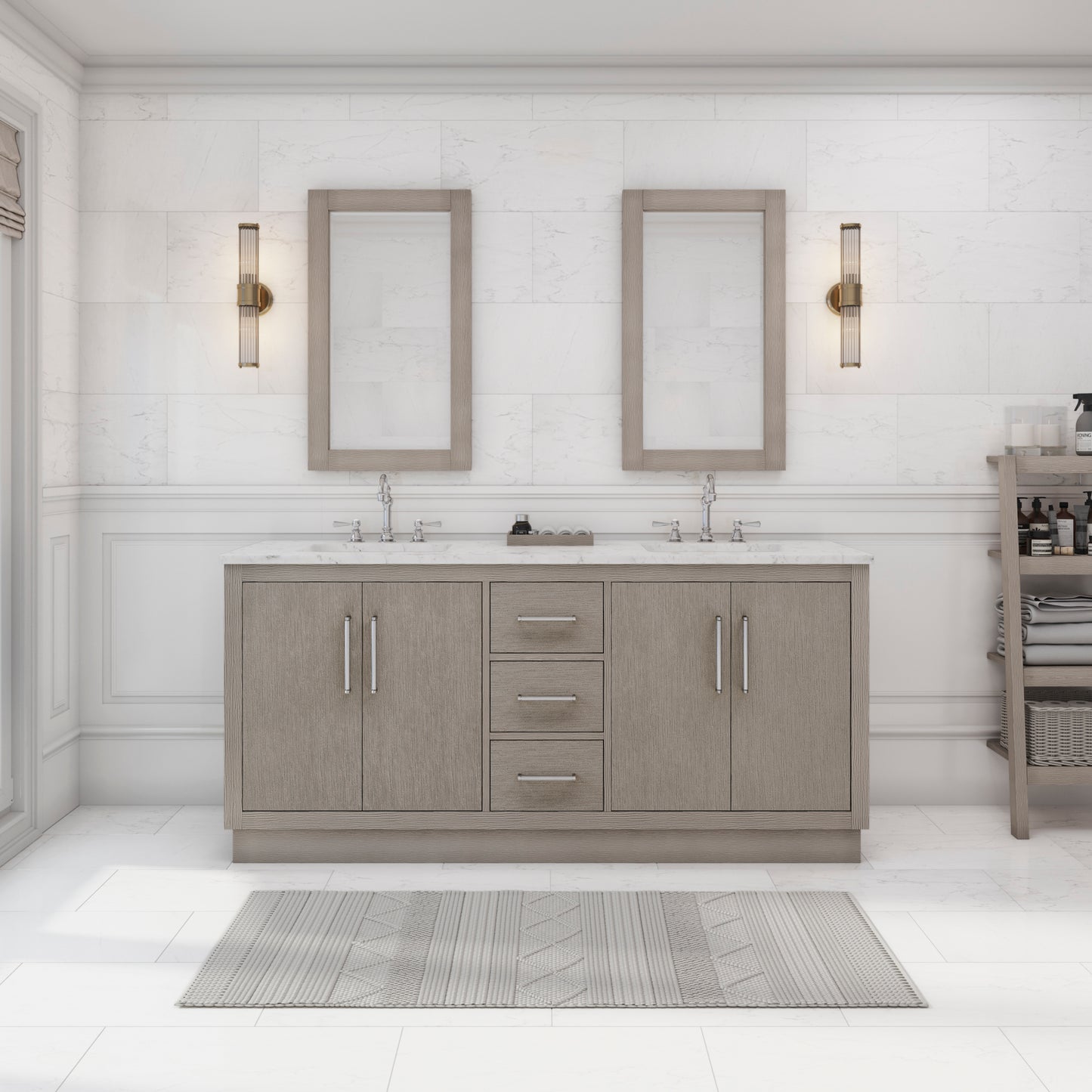 HUGO 72"W x 34.3"H Gray Oak Double-Sink Vanity with Carrara White Marble Countertop + Mirrors