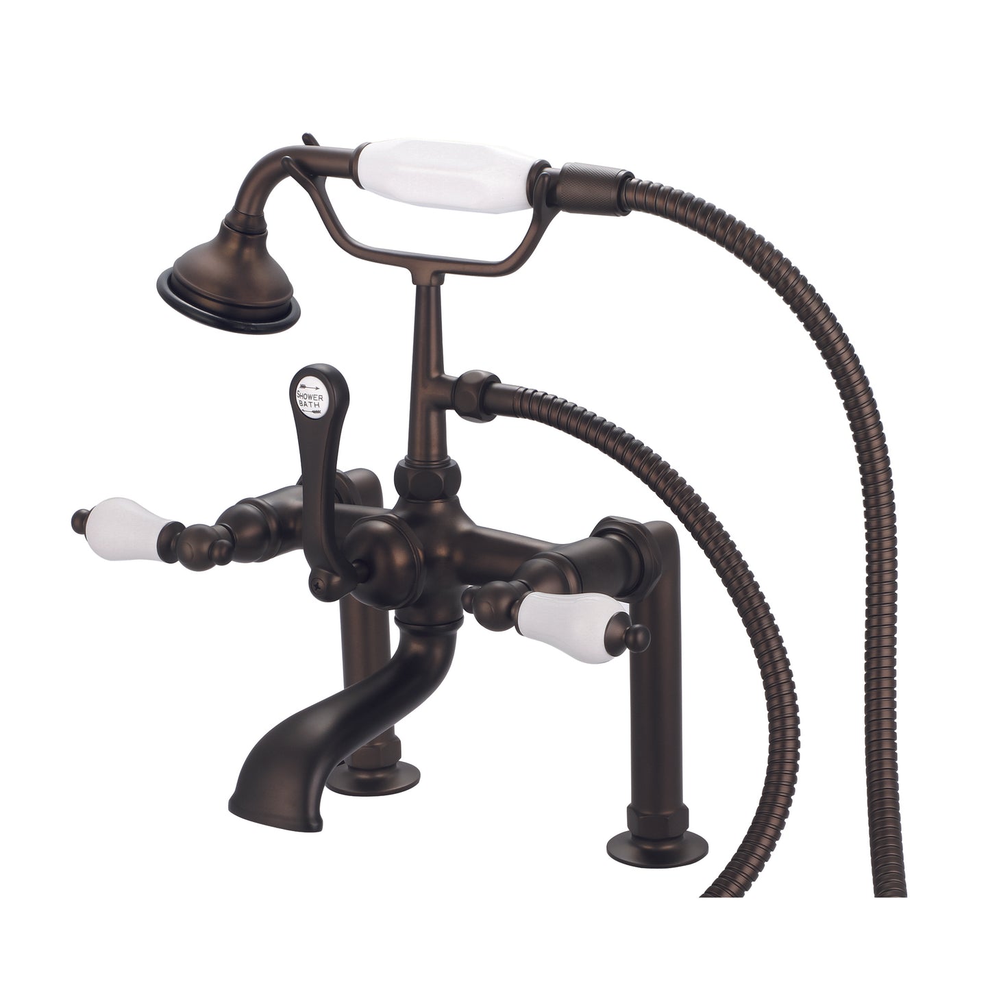 Vintage Classic 7" Spread Deck Mount Tub Faucet With 6" Risers & Handheld Shower in Oil Rubbed Bronze Finish, With Porcelain Lever Handles Without labels