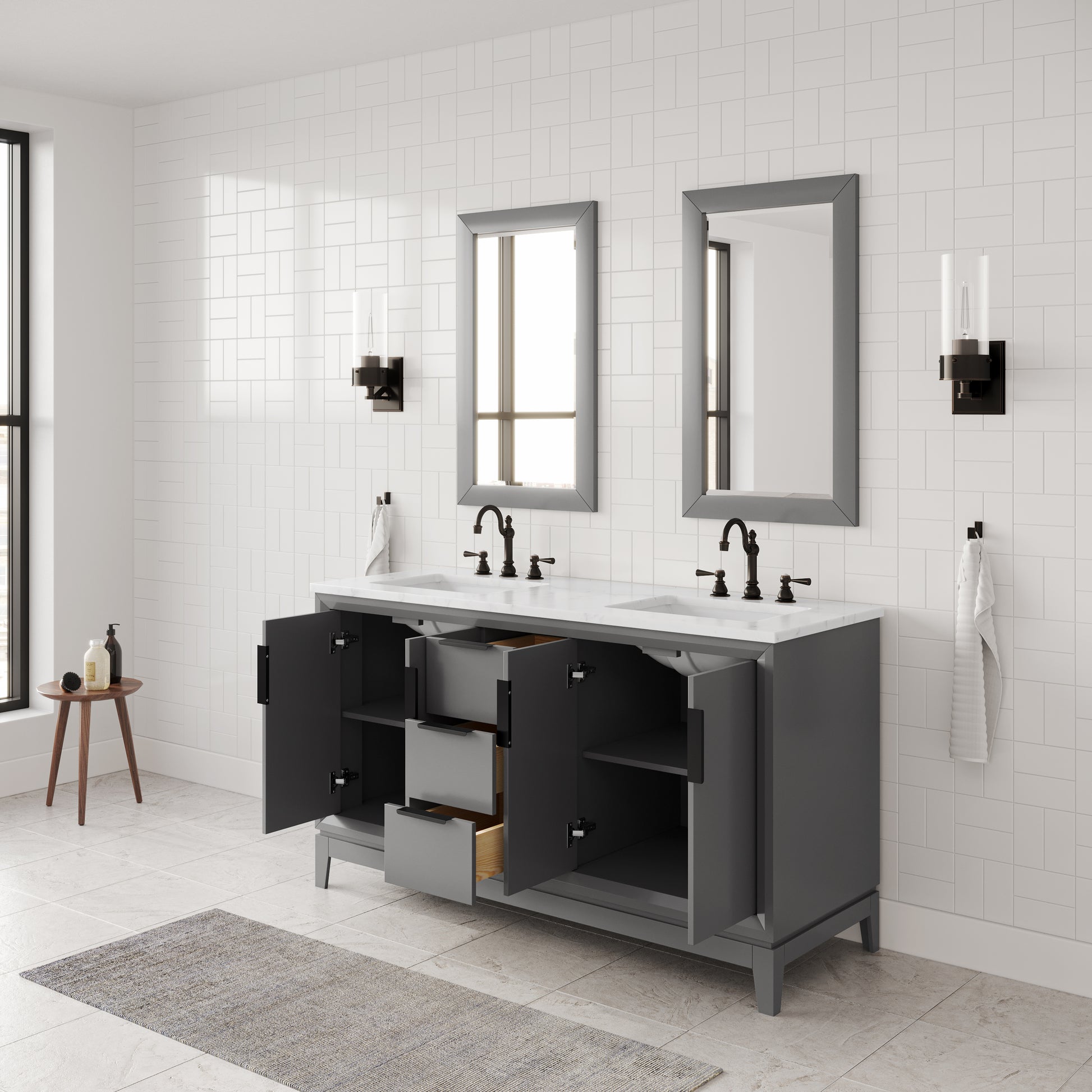 ELIZABETH 60"W x 34.25"H Cashmere Gray Double-Sink Vanity with Carrara White Marble Countertop + Faucets & Mirror (F2-0012-03-TL)