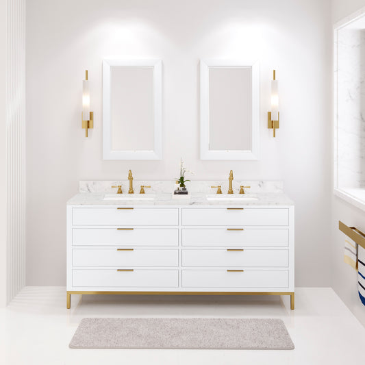 BRISTOL 72"W x 34"H Pure White Double-Sink Vanity with Carrara White Marble Countertop + Satin Gold Hook Faucets and Rectangular Mirrors (S)