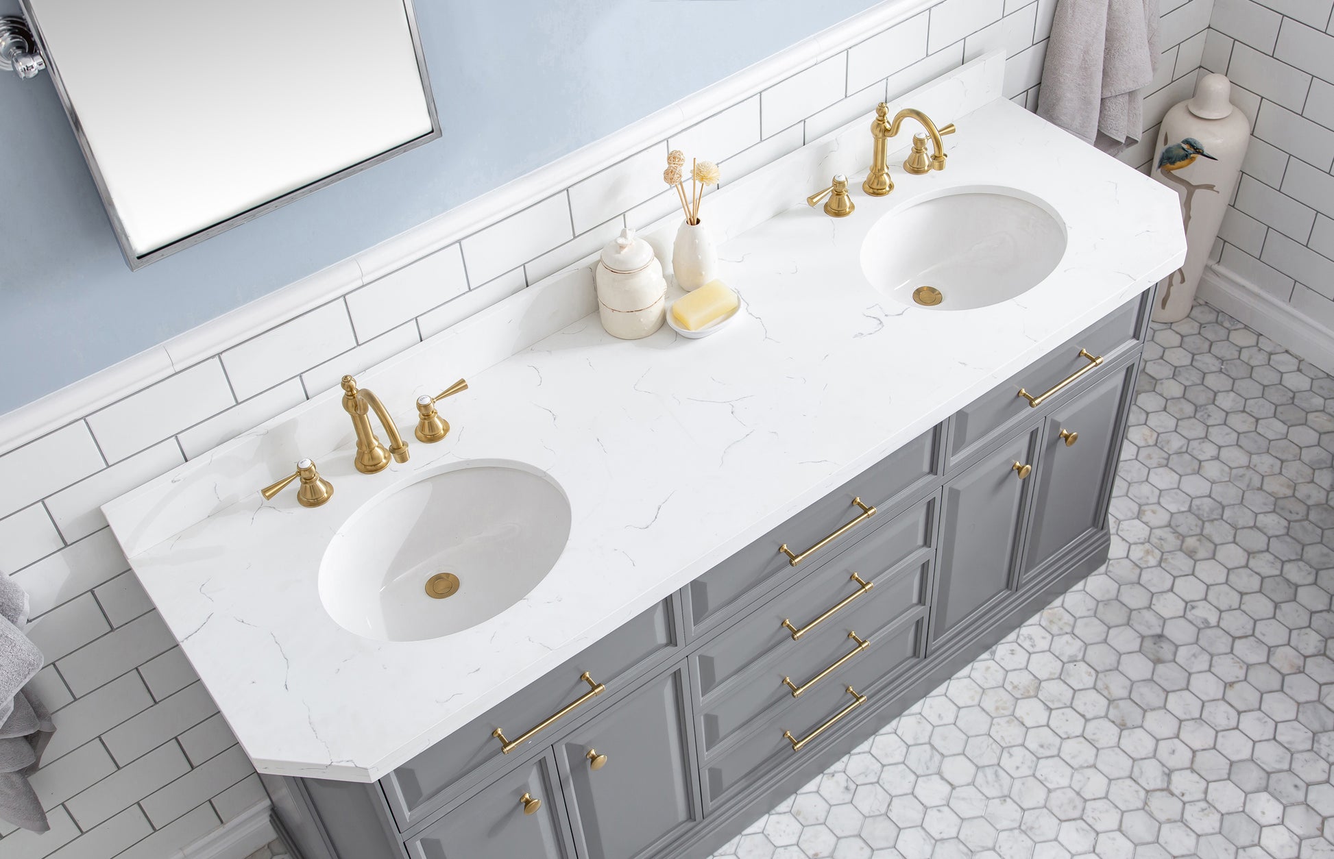 PALACE 72"W x 34"H Cashmere Gray Vanity with Carrara Quartz Countertop + Faucets & Mirrors (F2-0012), Satin Gold Finish Hardware & Chrome Finish Mirror  (A)