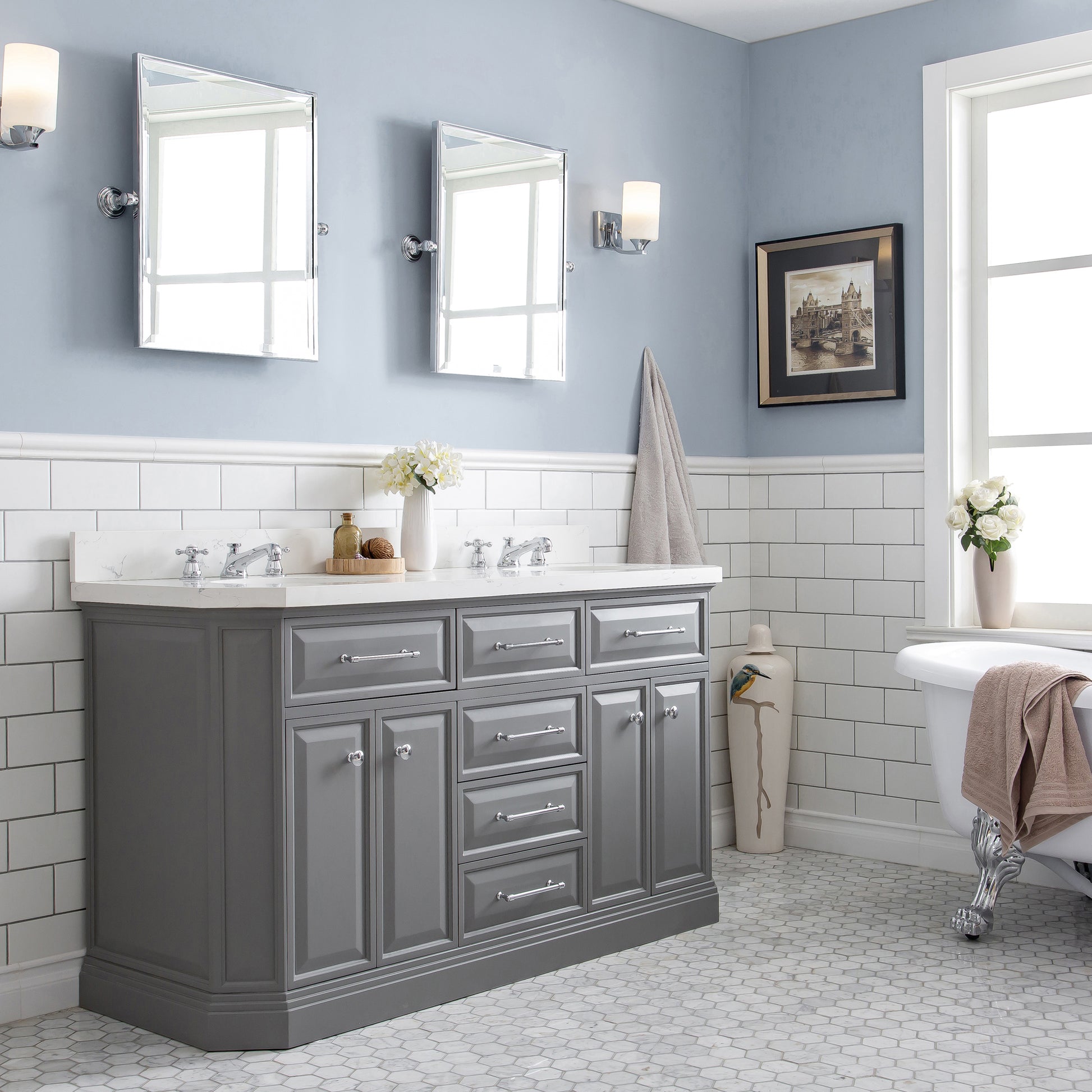 PALACE 60"W x 34"H Cashmere Gray Vanity with Carrara Quartz Countertop + Faucets (F2-0009), Chrome Finish Hardware