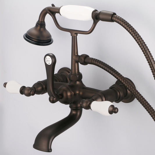 Vintage Classic 7" Spread Wall Mount Tub Faucet With Straight Wall Connector & Handheld Shower in Oil Rubbed Bronze Finish, With Porcelain Lever Handles Without labels