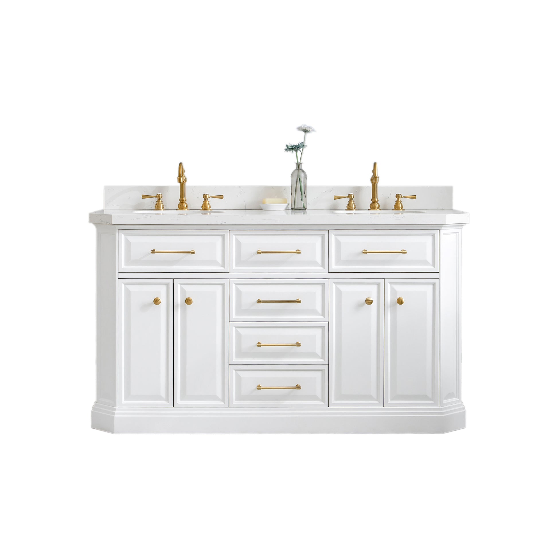 PALACE 60"W x 34"H Pure White Vanity with Carrara Quartz Countertop + Faucets & Mirrors (F2-0012), Satin Gold Finish Hardware & Chrome Finish Mirror (A)