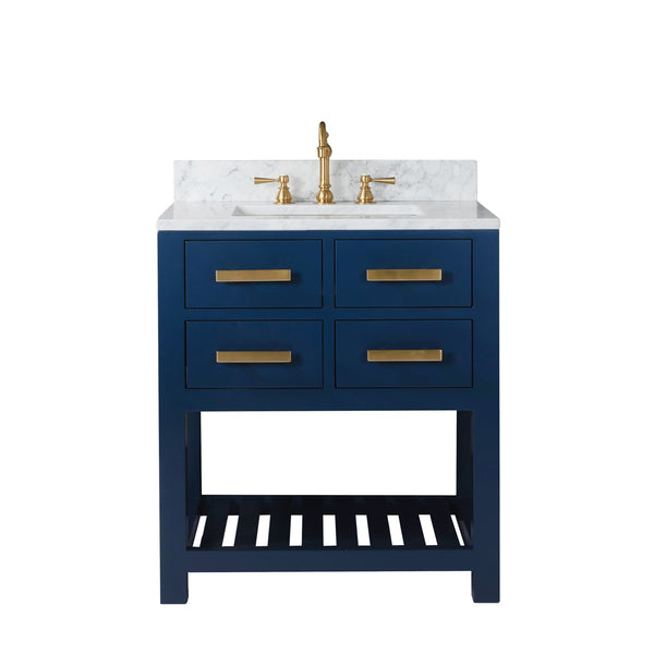 MADALYN 30W x 34H Monarch Blue Single-Sink Vanity with Carrara White Marble Countertop + Faucets (F2-0012)