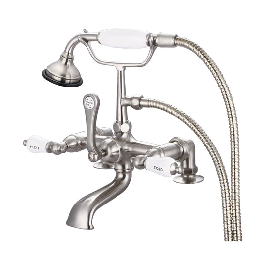 Vintage Classic 7" Spread Deck Mount Tub Faucet With 2" Risers & Handheld Shower in Brushed Nickel Finish, With Porcelain Lever Handles, Hot And Cold Labels Included