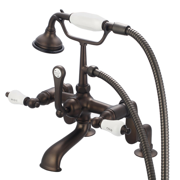 Vintage Classic Adjustable Center Deck Mount Tub Faucet With Handheld Shower in Oil Rubbed Bronze Finish, With Porcelain Lever Handles, Hot And Cold Labels Included