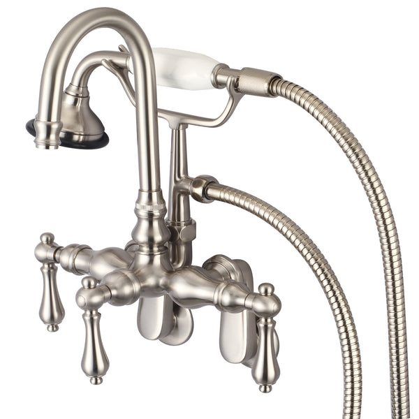 Vintage Classic Adjustable Spread Wall Mount Tub Faucet With Gooseneck Spout, Swivel Wall Connector & Handheld Shower in Brushed Nickel Finish, With Metal Lever Handles Without Labels