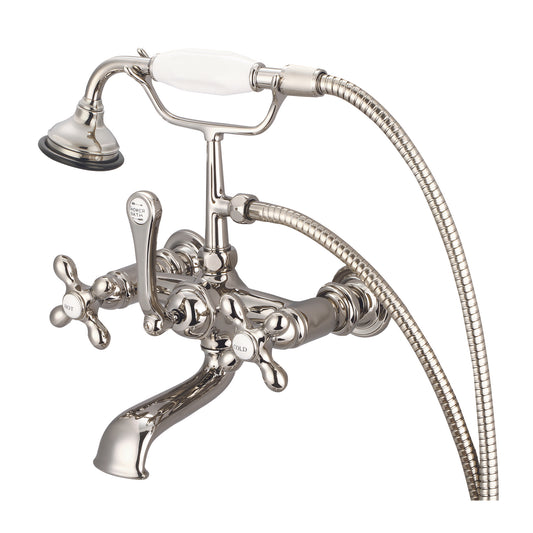 Vintage Classic 7" Spread Wall Mount Tub Faucet With Straight Wall Connector & Handheld Shower in Polished Nickel Finish, With Metal Lever Handles, Hot And Cold Labels Included