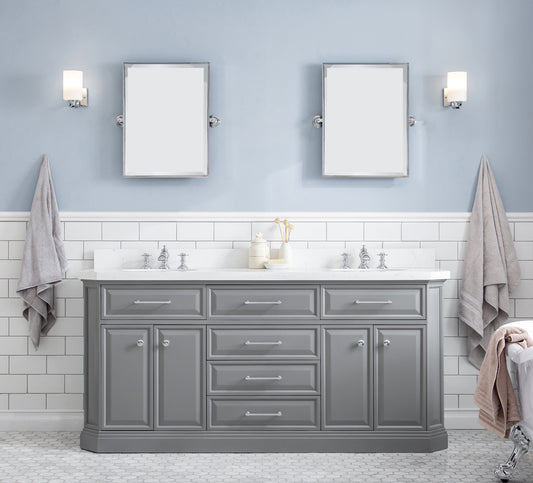 PALACE 72"W x 34"H Cashmere Gray Vanity with Carrara Quartz Countertop + Faucets & Mirror (F2-0013), Chrome Finish Hardware & Mirror