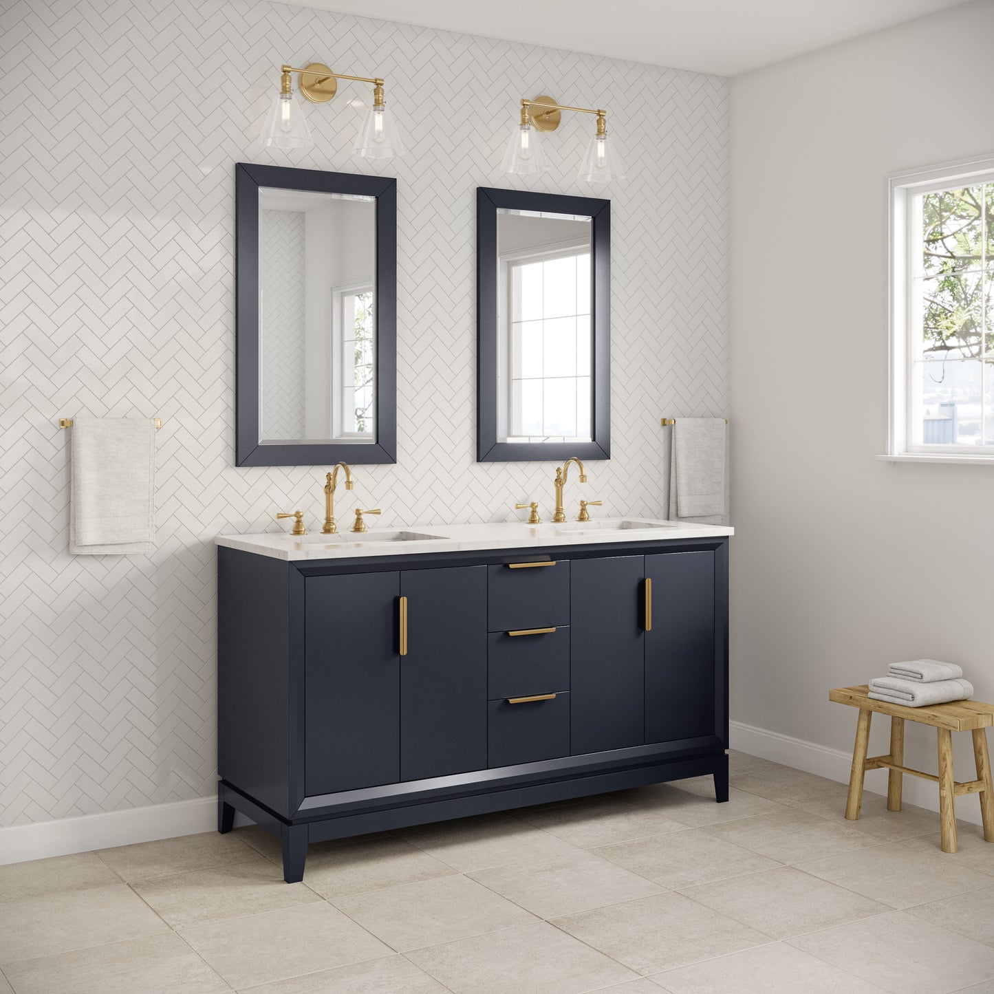 ELIZABETH 60"W x 34.25"H Monarch Blue Double-Sink Vanity with Carrara White Marble Countertop + Mirror