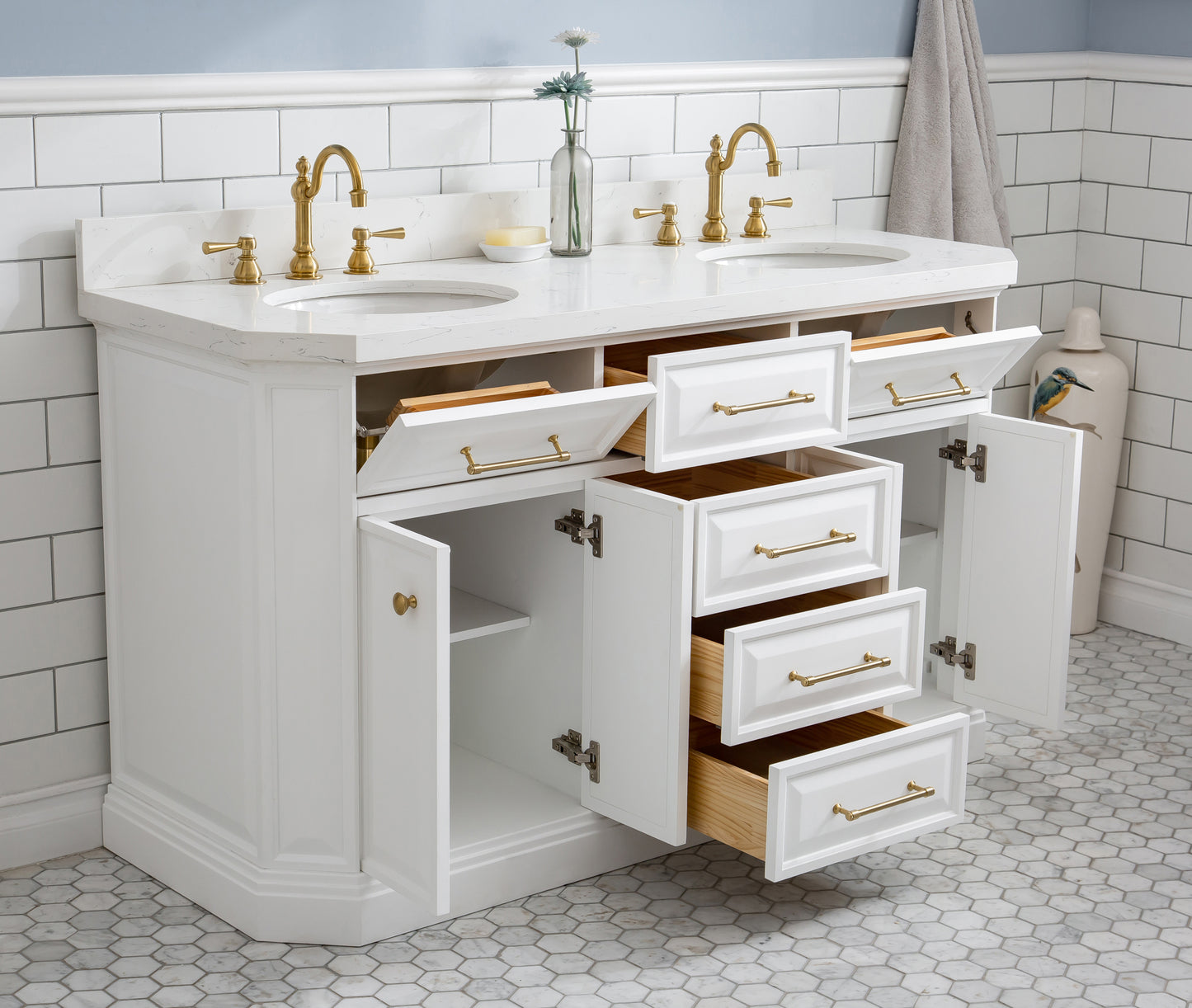 PALACE 60"W x 34"H Pure White Vanity with Carrara Quartz Countertop + Faucets & Mirrors (F2-0012), Satin Gold Finish Hardware & Chrome Finish Mirror (A)