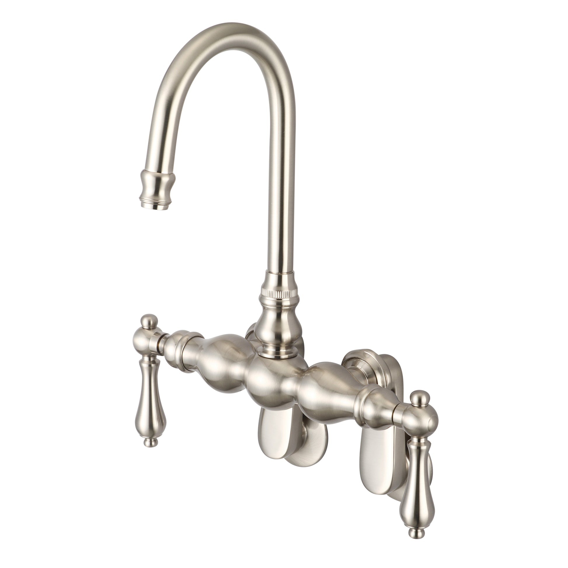 Vintage Classic Adjustable Spread Wall Mount Tub Faucet With Gooseneck Spout & Swivel Wall Connector in Brushed Nickel Finish, With Metal Lever Handles Without Labels