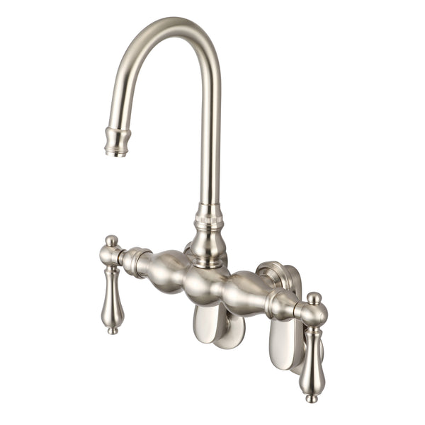 Vintage Classic Adjustable Spread Wall Mount Tub Faucet With Gooseneck Spout & Swivel Wall Connector in Brushed Nickel Finish, With Metal Lever Handles Without Labels