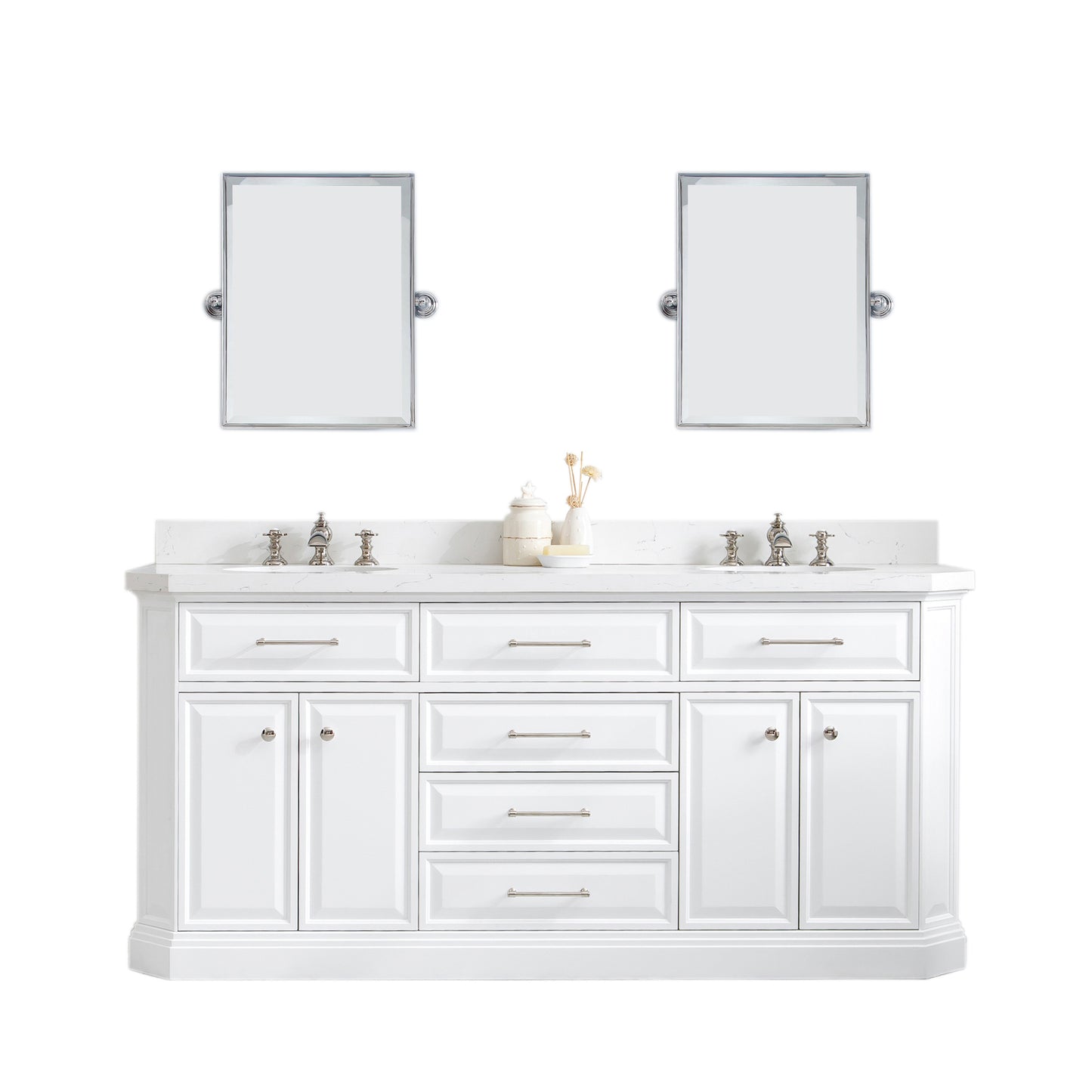 PALACE 72"W x 34"H Pure White Vanity with Carrara Quartz Countertop + Faucets & Mirror (F2-0013), Polished Nickel Finish Hardware & Mirror