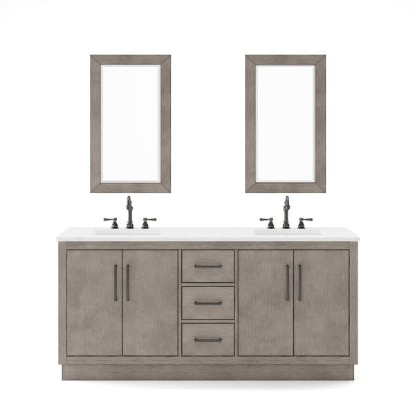 HUGO 72W x 34.3H Gray Oak Double-Sink Vanity with Carrara White Marble Countertop + Mirrors