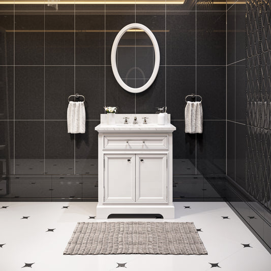 DERBY 30"W x 34"H Pure White Single-Sink Vanity with Carrara White Marble Countertop + Mirror