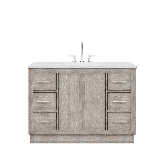 HUGO 48"W x 34.3"H Gray Oak Single-Sink Vanity with Carrara White Marble Countertop + Gooseneck Faucet