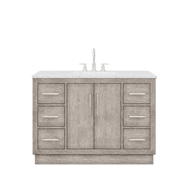 HUGO 48W x 34.3H Gray Oak Single-Sink Vanity with Carrara White Marble Countertop + Gooseneck Faucet