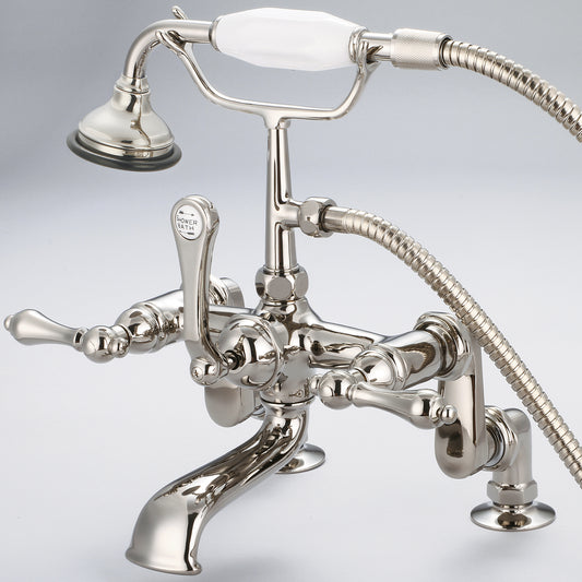 Vintage Classic Adjustable Center Deck Mount Tub Faucet With Handheld Shower in Polished Nickel Finish, With Metal Lever Handles Without Labels
