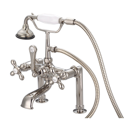 Vintage Classic 7" Spread Deck Mount Tub Faucet With 6" Risers & Handheld Shower in Polished Nickel Finish, With Metal Lever Handles, Hot And Cold Labels Included