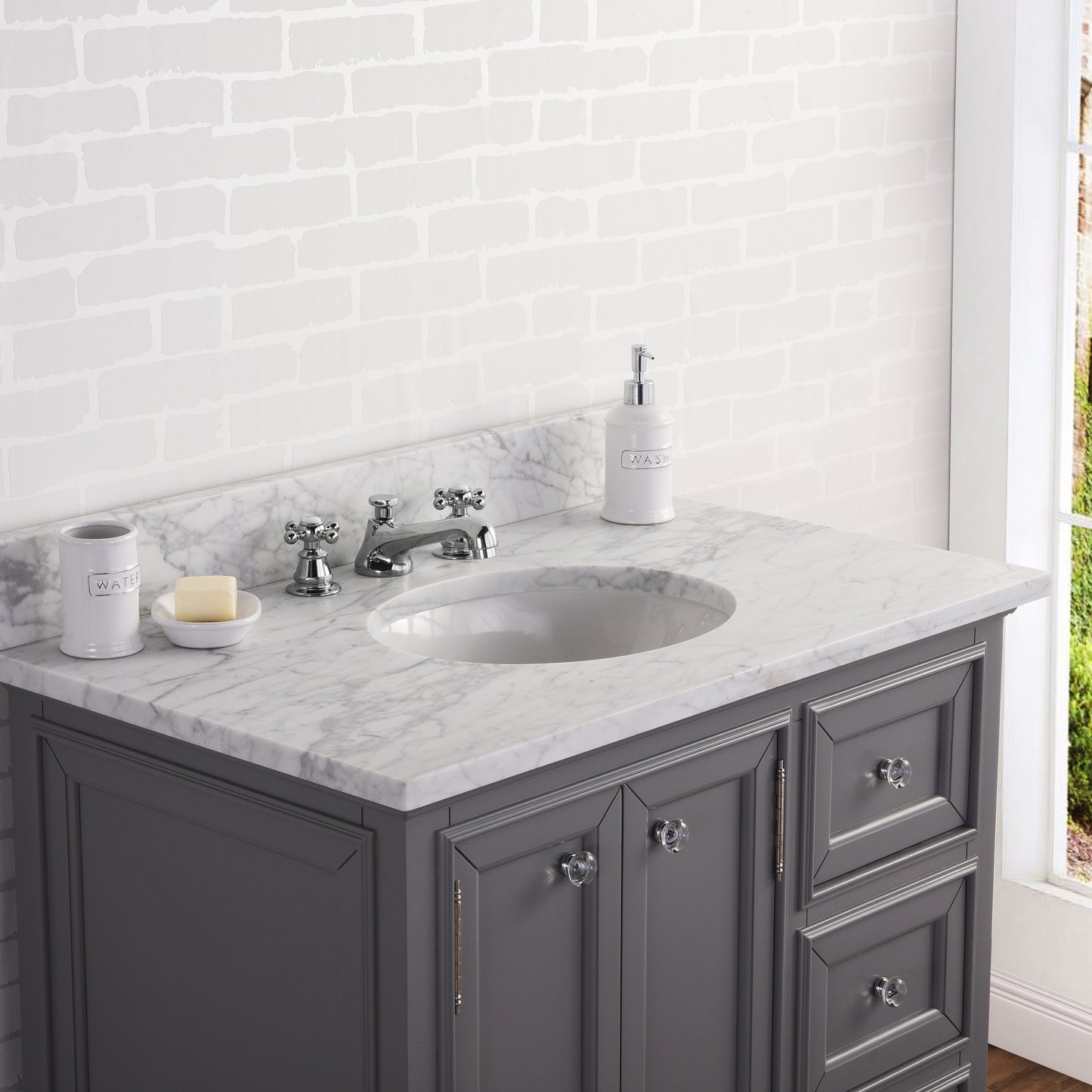 DERBY 36"W x 34"H Cashmere Gray Single-Sink Vanity with Carrara White Marble Countertop + Faucet & Mirror