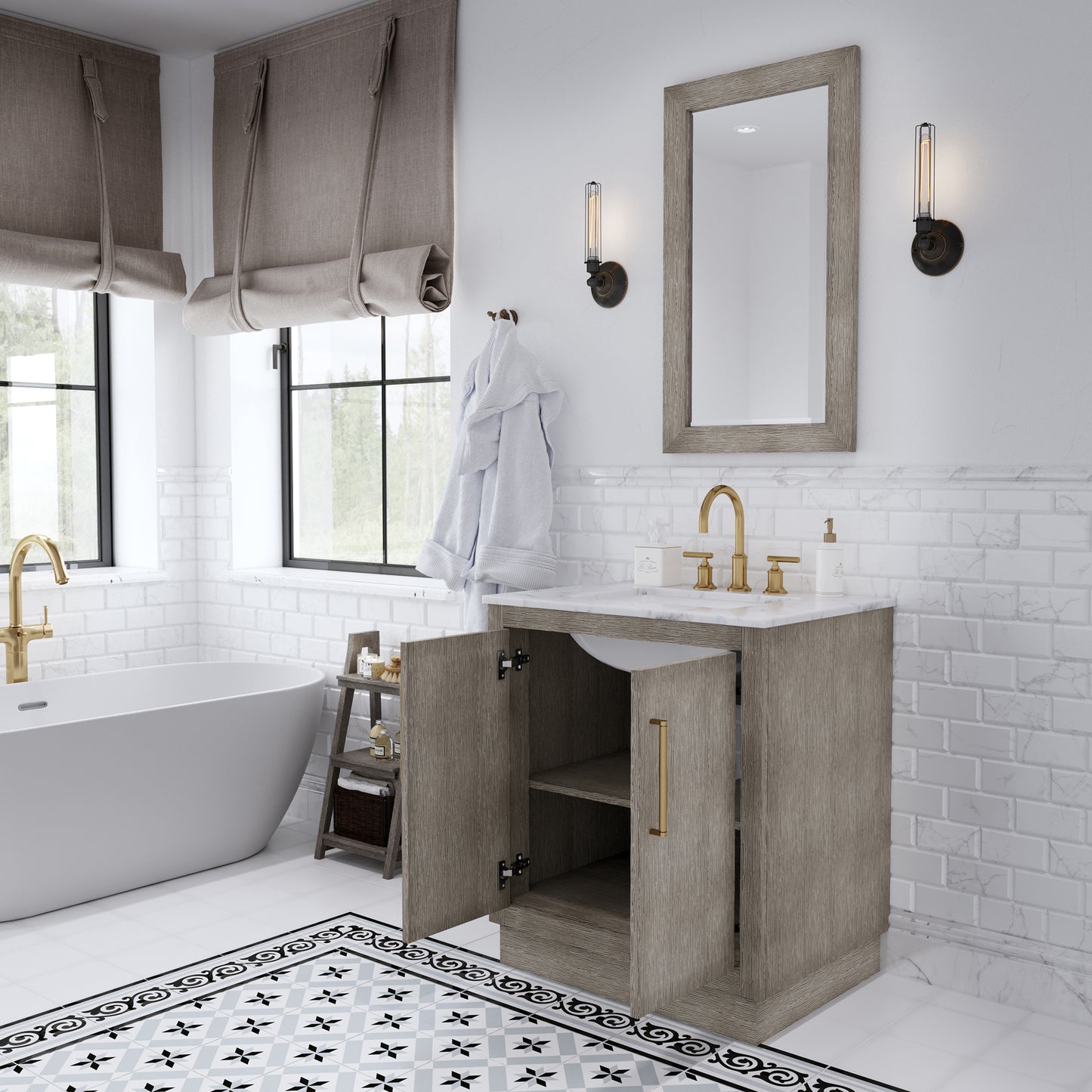 HUGO 30"W x 34.3"H Gray Oak Single-Sink Vanity with Carrara White Marble Countertop + Gooseneck Faucet and Mirror