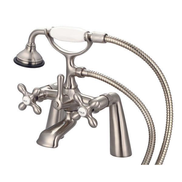 Vintage Classic 7 Spread Deck Mount Tub Faucet With Handheld Shower in Brushed Nickel Finish, With Metal Lever Handles, Hot And Cold Labels Included