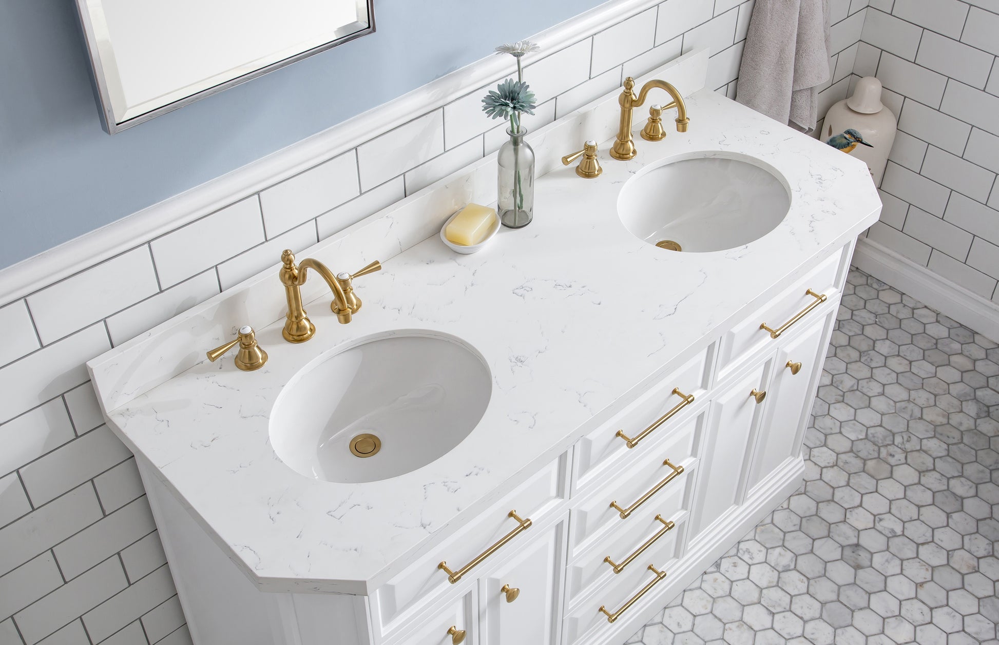 PALACE 60"W x 34"H Pure White Vanity with Carrara Quartz Countertop + Faucets & Mirrors (F2-0012), Satin Gold Finish Hardware & Chrome Finish Mirror (A)