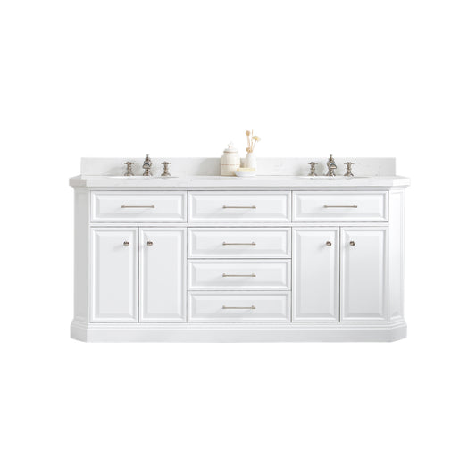 PALACE 72"W x 34"H Pure White Vanity with Carrara Quartz Countertop + Faucets (F2-0013), Polished Nickel Finish Hardware