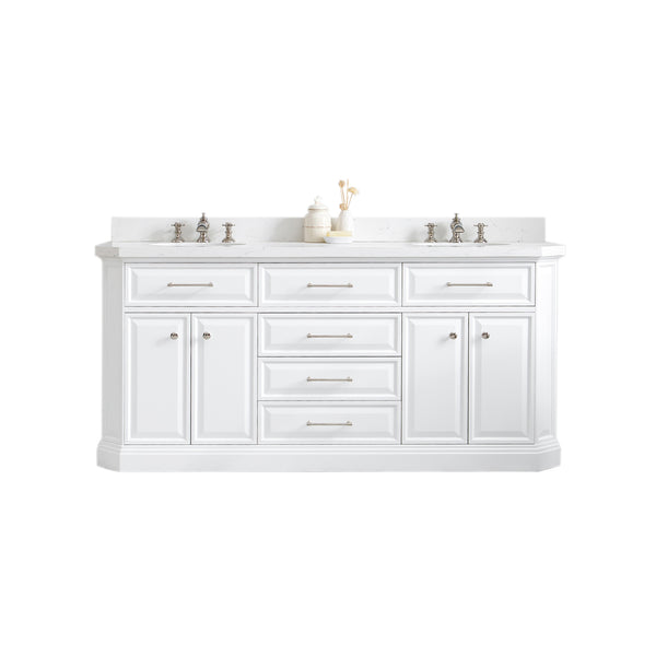 PALACE 72W x 34H Pure White Vanity with Carrara Quartz Countertop + Faucets (F2-0013), Polished Nickel Finish Hardware