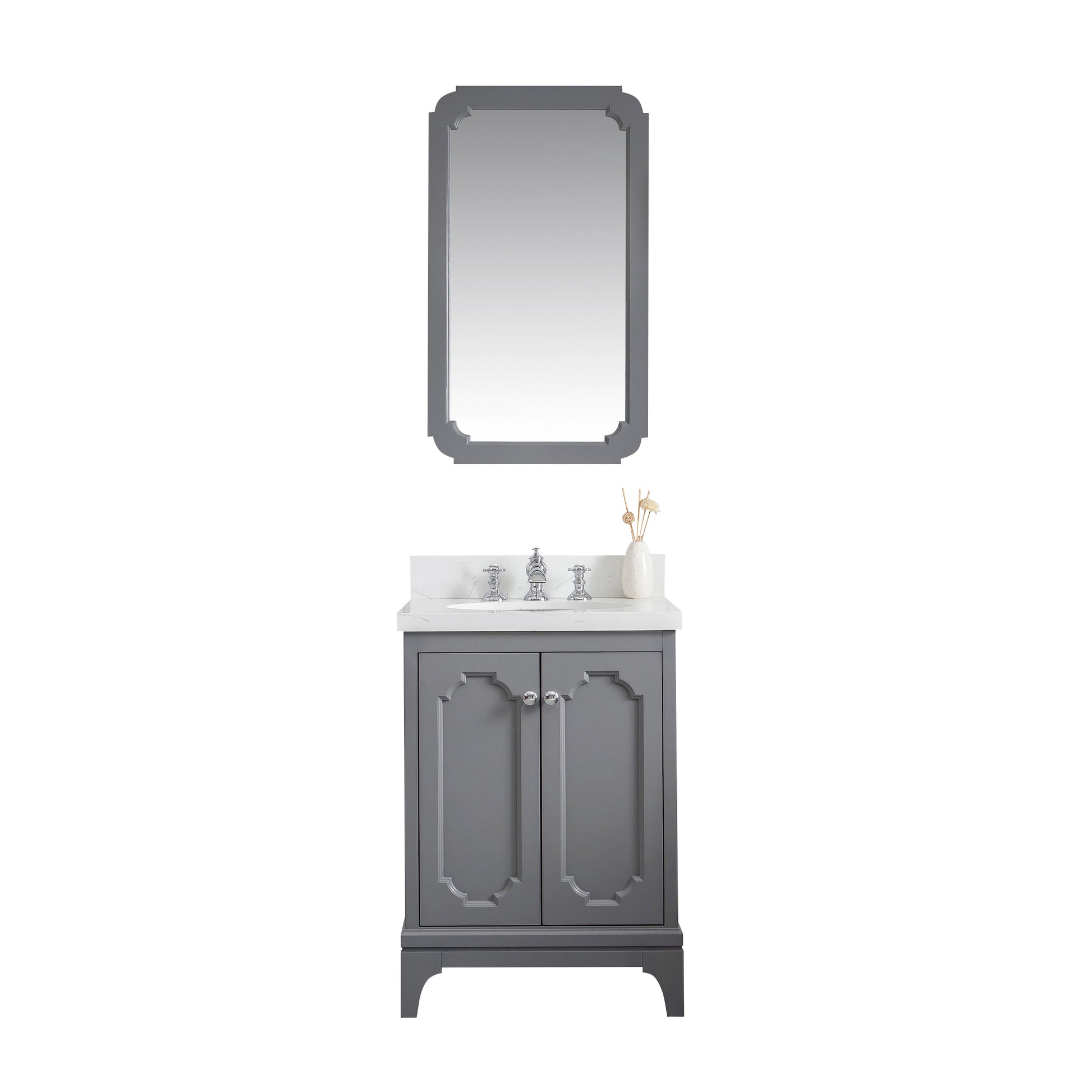 QUEEN 24"W x 34"H Cashmere Gray Single-Sink Vanity with Carrara Quartz Countertop + Faucets & Mirror (F2-0013)