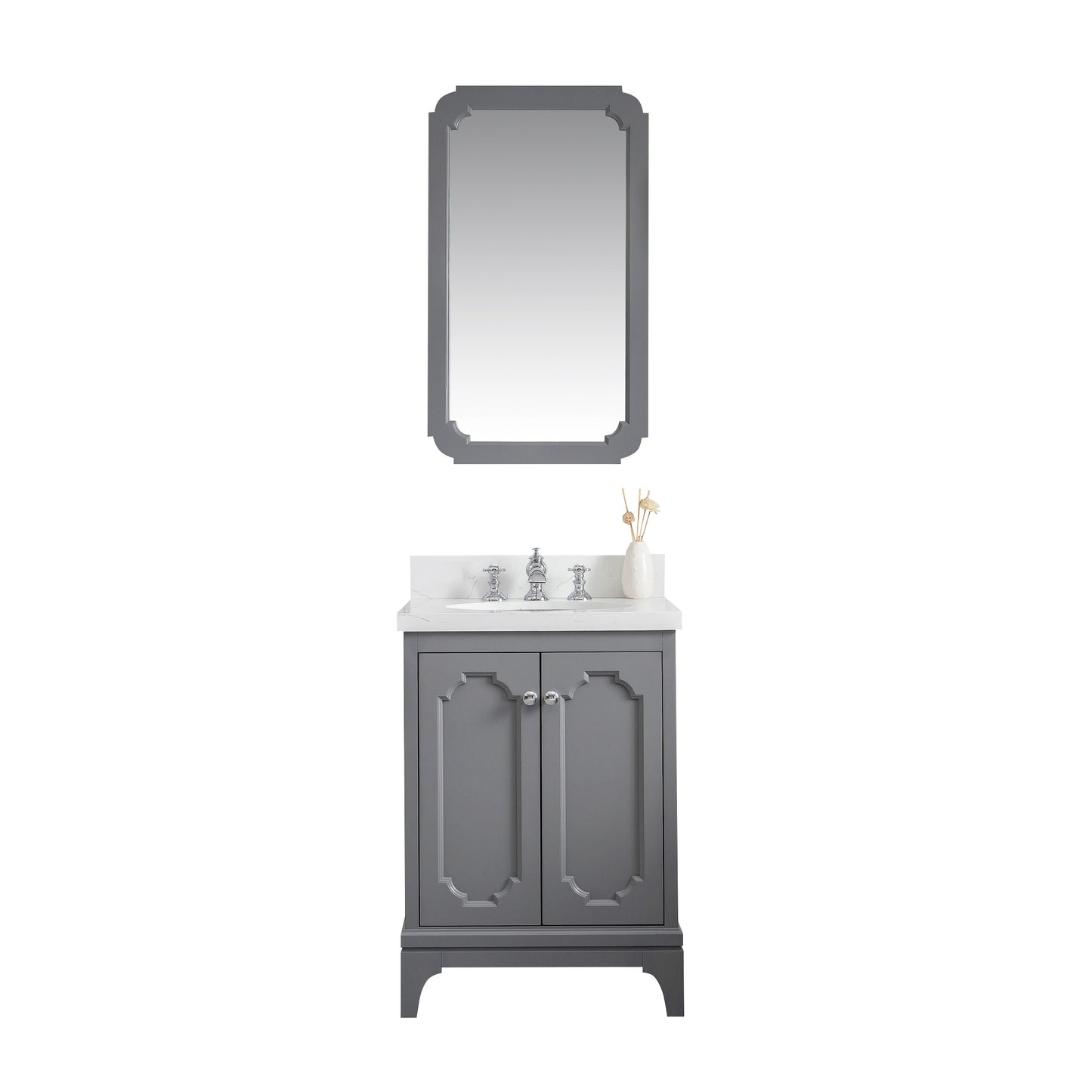 QUEEN 24"W x 34"H Cashmere Gray Single-Sink Vanity with Carrara Quartz Countertop + Faucets & Mirror (F2-0013)