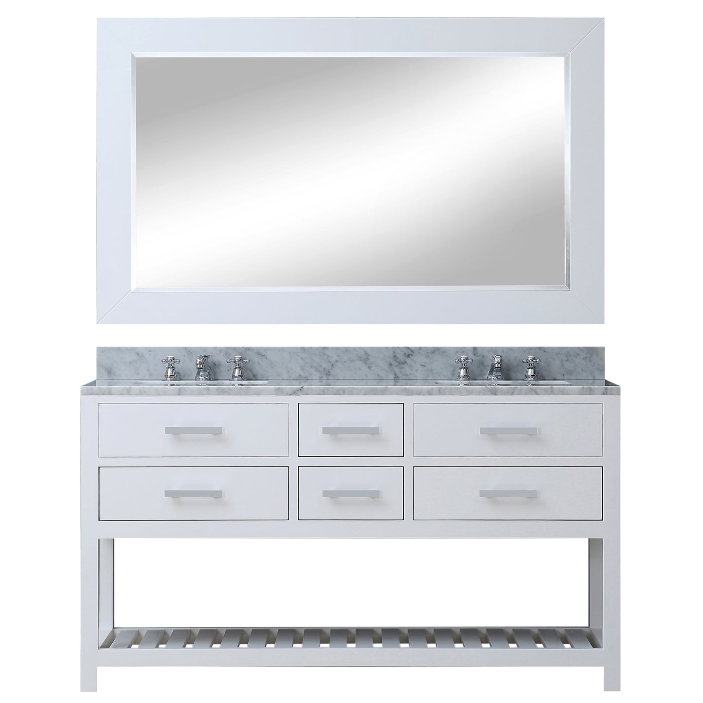 MADALYN 60"W x 34"H Pure White Double-Sink Vanity + Faucets & Mirror