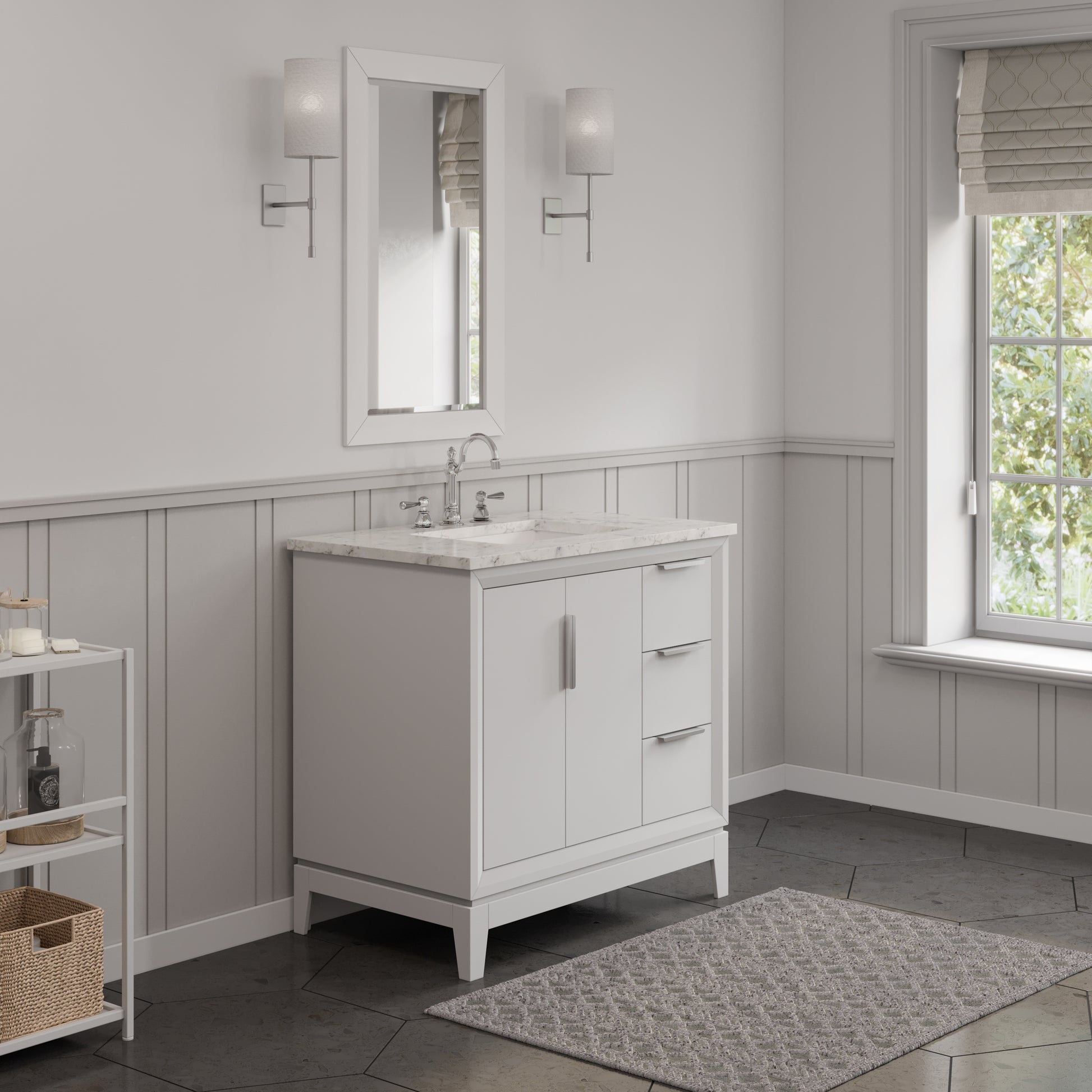 ELIZABETH 36"W x 34.25"H Pure White Single-Sink Vanity with Carrara White Marble Countertop + Faucets & Mirror (F2-0012-01-TL)