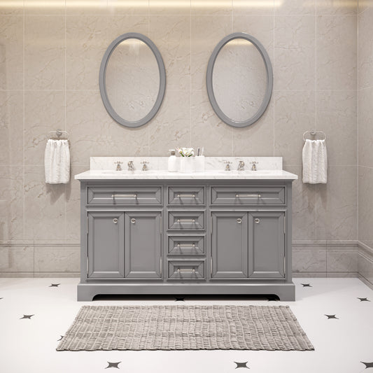 DERBY 60"W x 34"H Cashmere Gray Double-Sink Vanity with Carrara White Marble Countertop + Mirrors