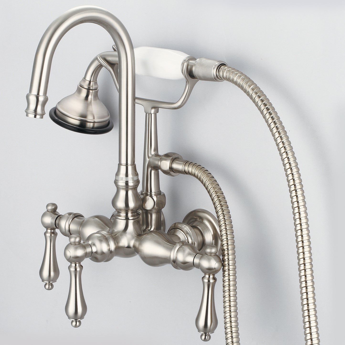 Vintage Classic 3.375" Center Wall Mount Tub Faucet With Gooseneck Spout, Straight Wall Connector & Handheld Shower in Brushed Nickel Finish, With Metal Lever Handles Without Labels