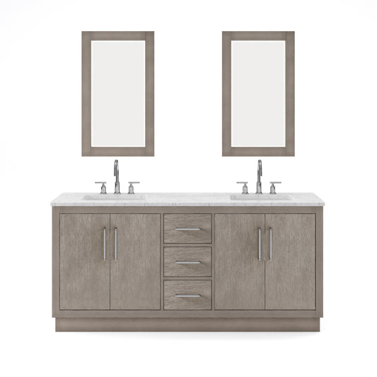 HUGO 72"W x 34.3"H Gray Oak Double-Sink Vanity with Carrara White Marble Countertop + Gooseneck Faucets and Mirrors