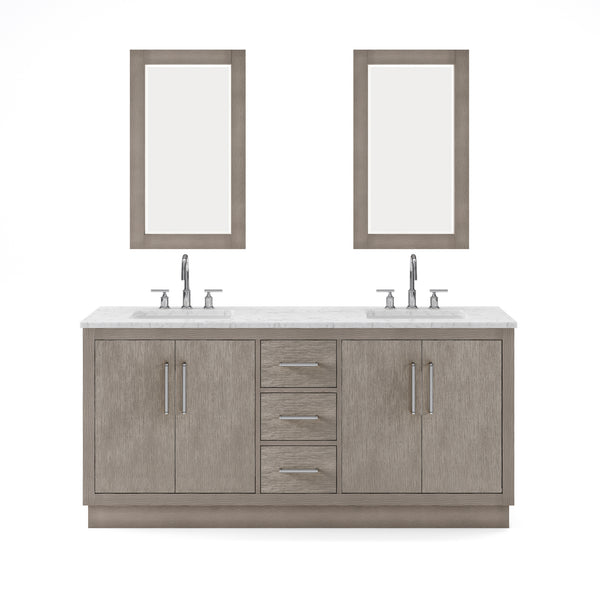 HUGO 72W x 34.3H Gray Oak Double-Sink Vanity with Carrara White Marble Countertop + Gooseneck Faucets and Mirrors