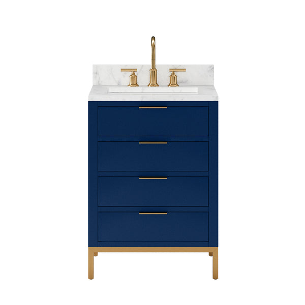 BRISTOL 24W x 34H Monarch Blue Single-Sink Vanity with Carrara White Marble Countertop + Satin Gold Gooseneck Faucet