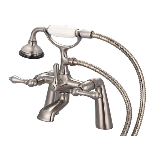 Vintage Classic 7" Spread Deck Mount Tub Faucet With Handheld Shower in Brushed Nickel Finish, With Metal Lever Handles Without Labels