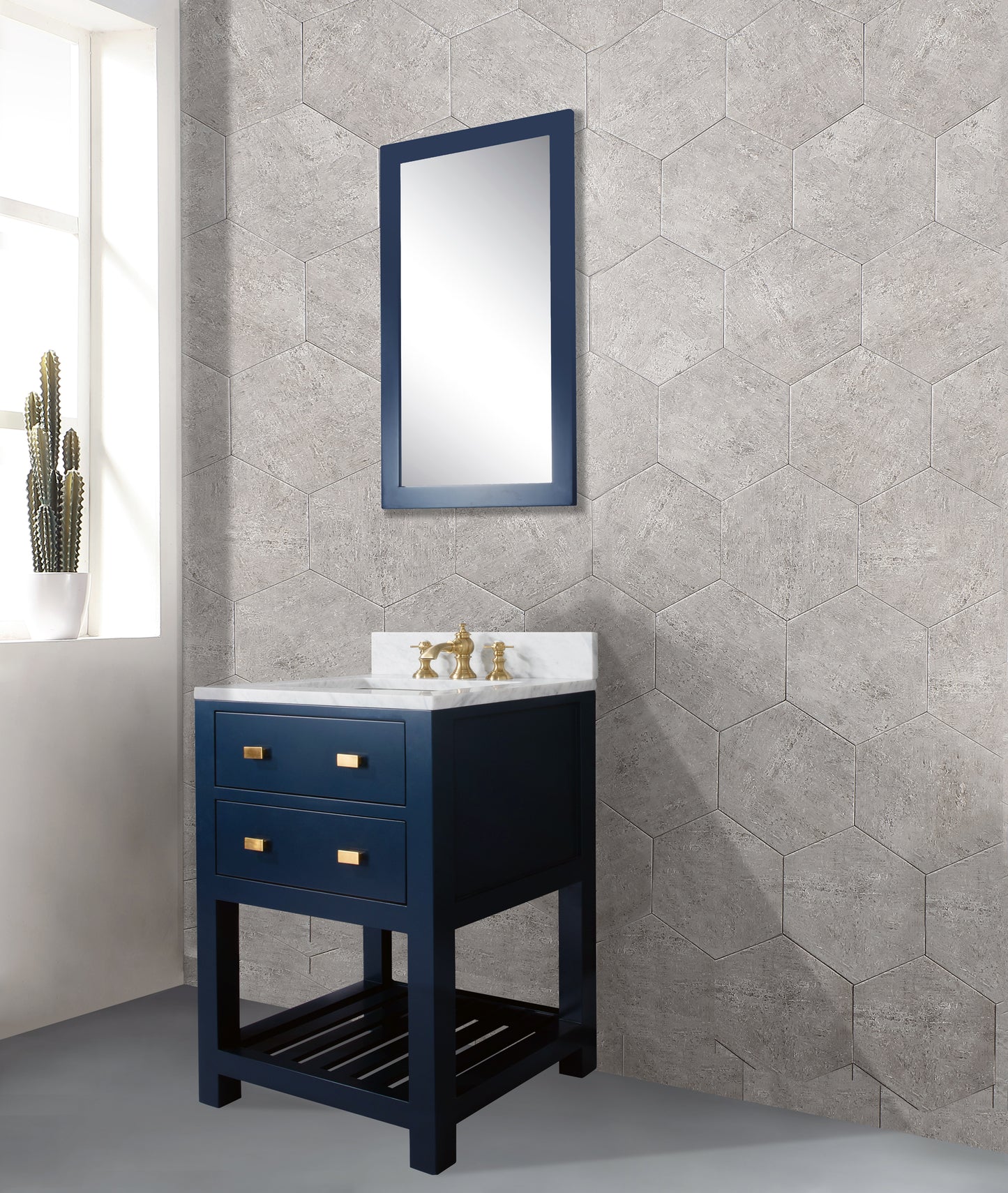 MADALYN 24"W x 34"H Monarch Blue Single-Sink Vanity with Carrara White Marble Countertop + Faucets (F2-0013)