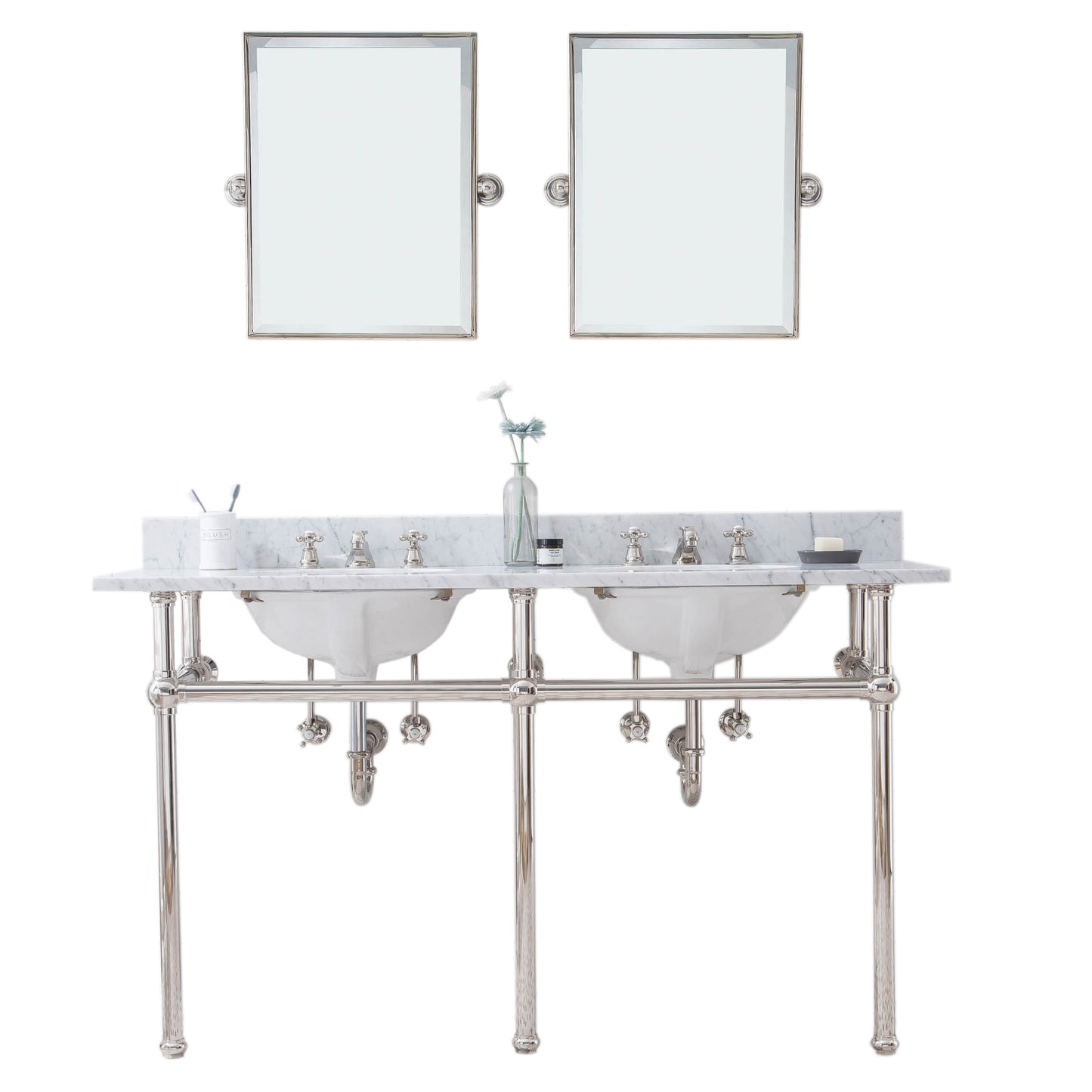 EMBASSY 60"W x 34"H  Double Washstand , P-Trap, Countertop with Sink, F2-0009 Faucet and Mirror included, in Polished Nickel Finish