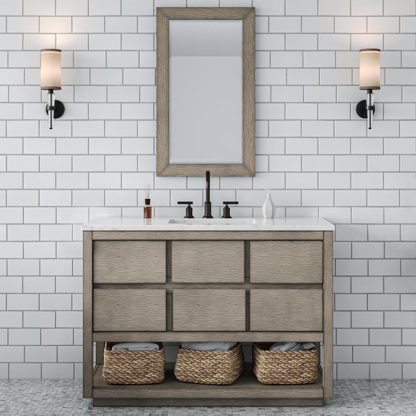 OAKMAN 48"W x 34.3"H Gray Oak Single-Sink Vanity with Carrara White Marble Countertop + ORB Faucet and Rectangular Mirror